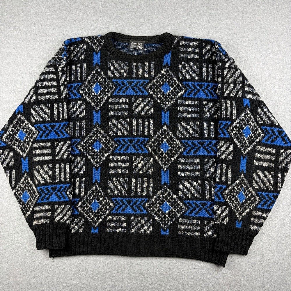 Vintage New Era Geometric Knit Sweater Black Blue Men's XL Made in USA